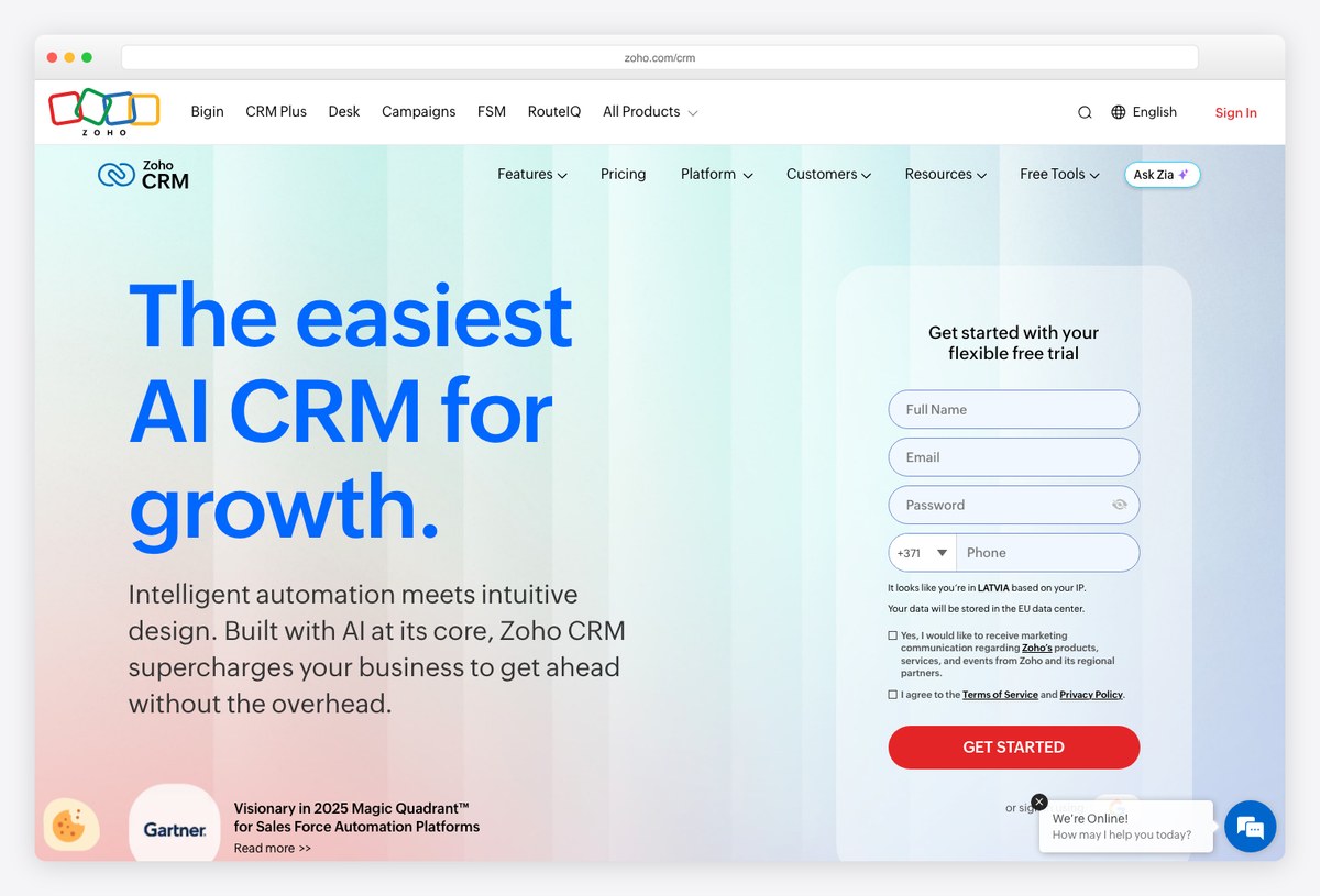 Zoho CRM dashboard example