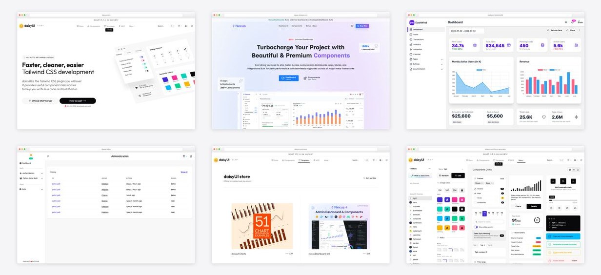 The best daisyui admin dashboard templates — collage of six template screenshots