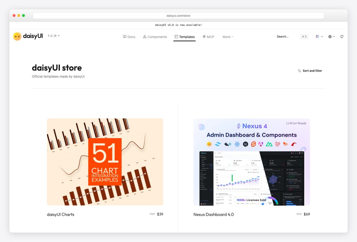 Official daisyUI store templates for dashboards, charts and auth