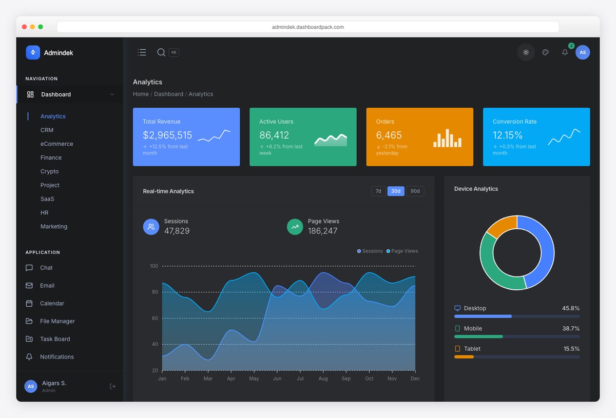 Admindek Next.js admin dashboard in dark mode