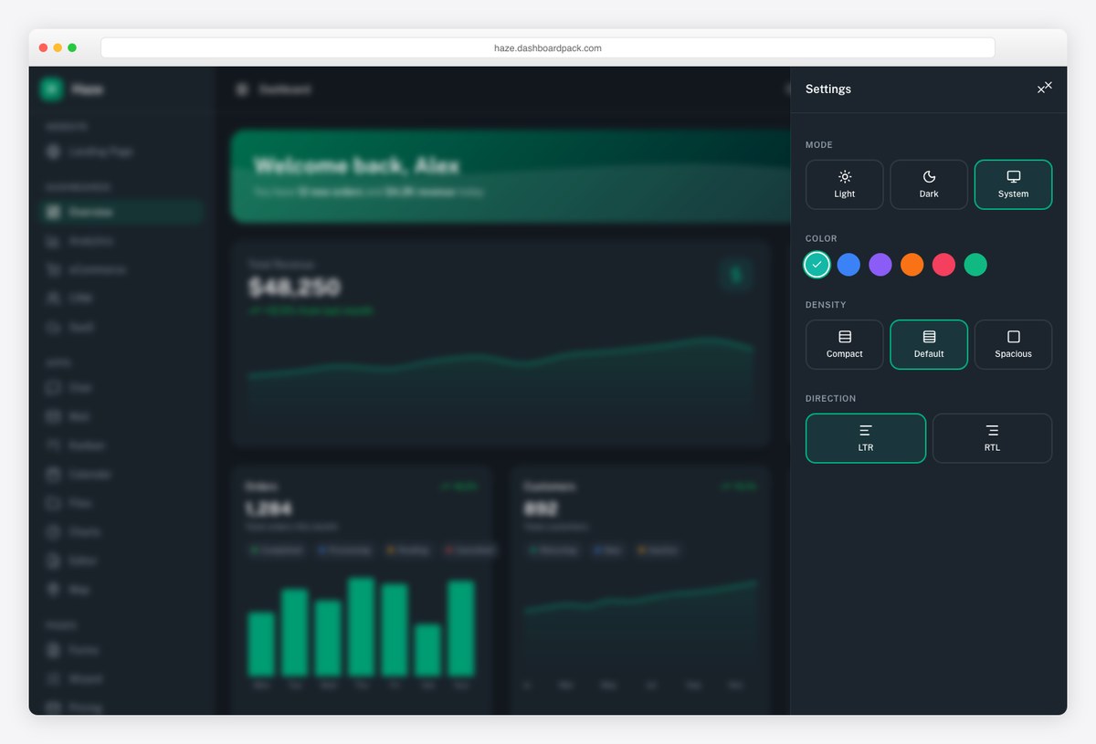 Haze Next.js admin dashboard in dark mode