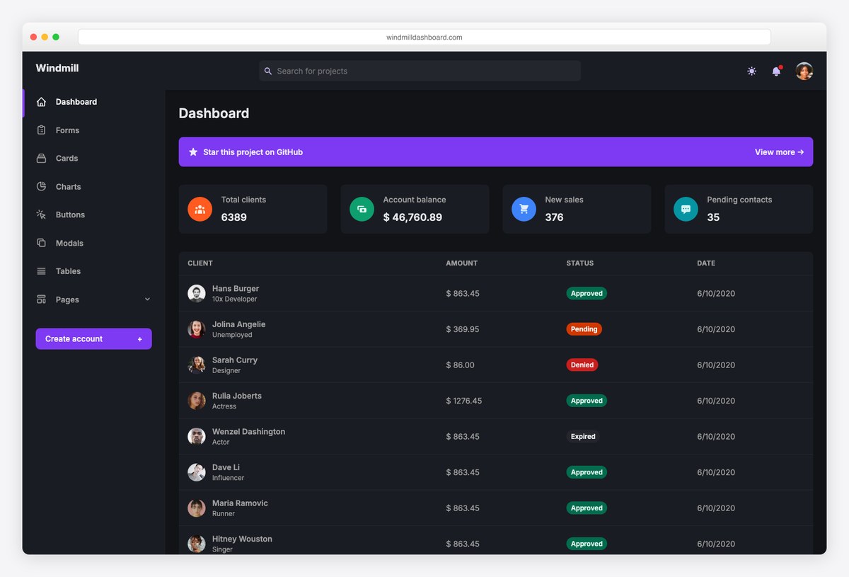 Windmill dashboard in dark mode