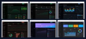 Collage of dark mode dashboard templates showing analytics, finance, and DevOps admin UIs on dark backgrounds