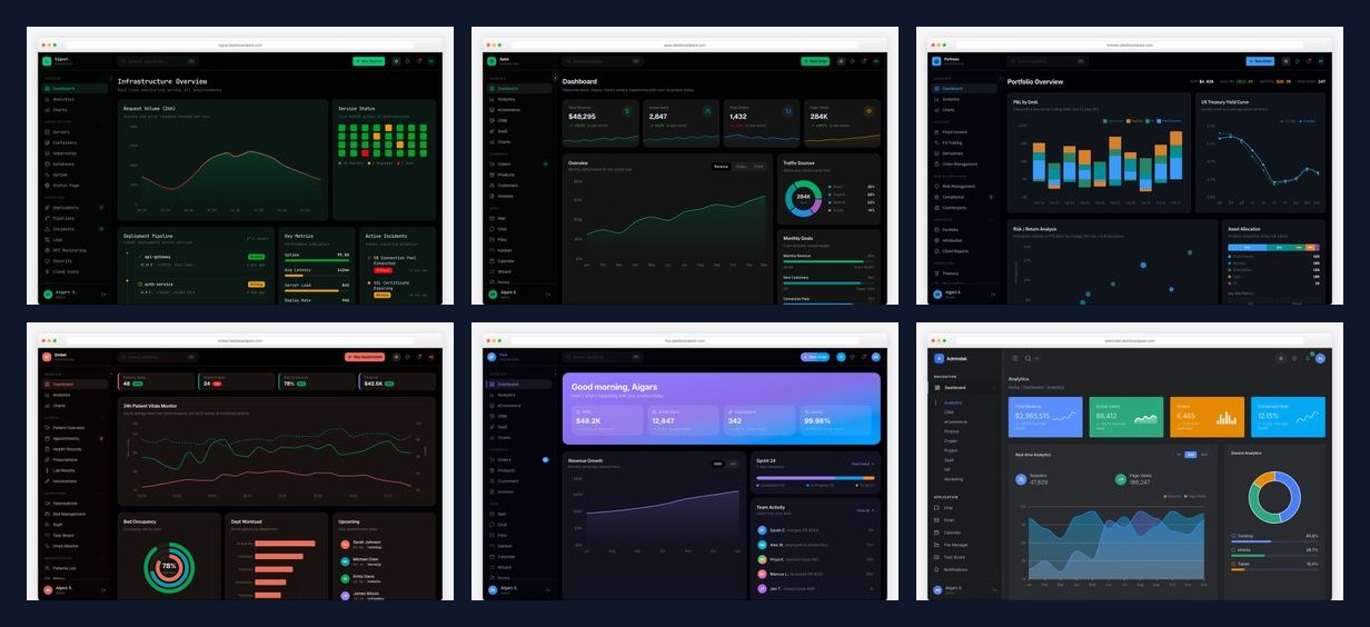 Collage of dark mode dashboard templates showing analytics, finance, and DevOps admin UIs on dark backgrounds