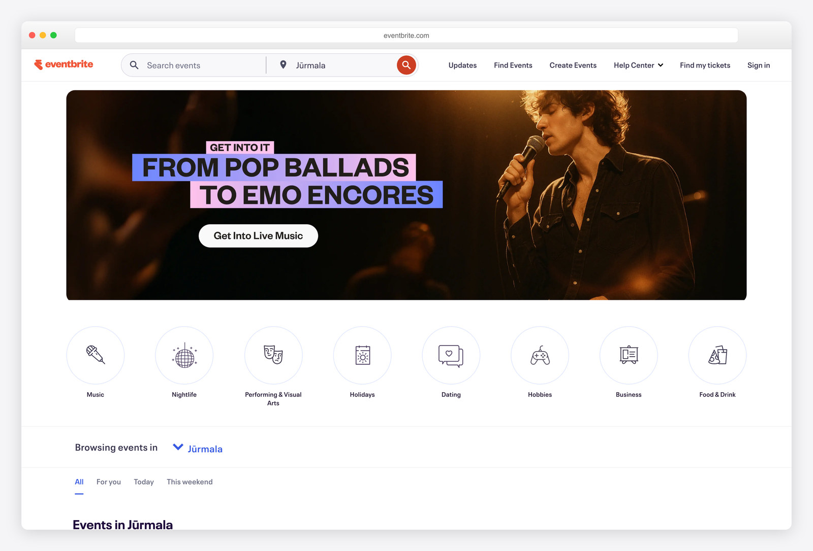 Screenshot of the Eventbrite website, a real-world example of a site built with Django