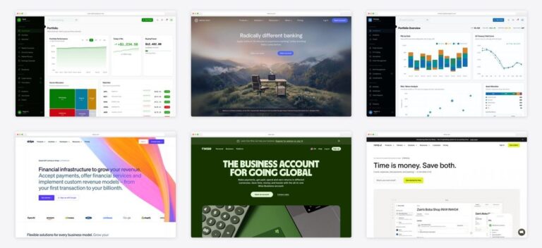 The best fintech dashboard design examples — collage of six template screenshots