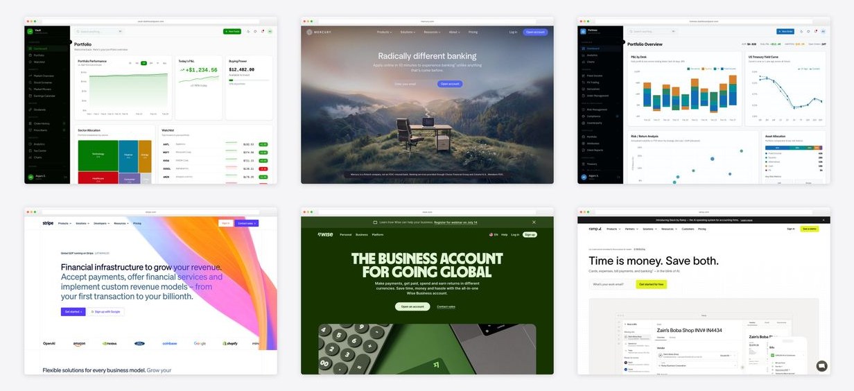 The best fintech dashboard design examples — collage of six template screenshots