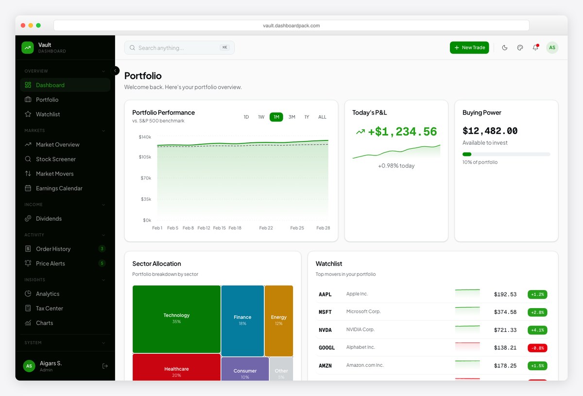 Vault dark-first investment dashboard template by DashboardPack