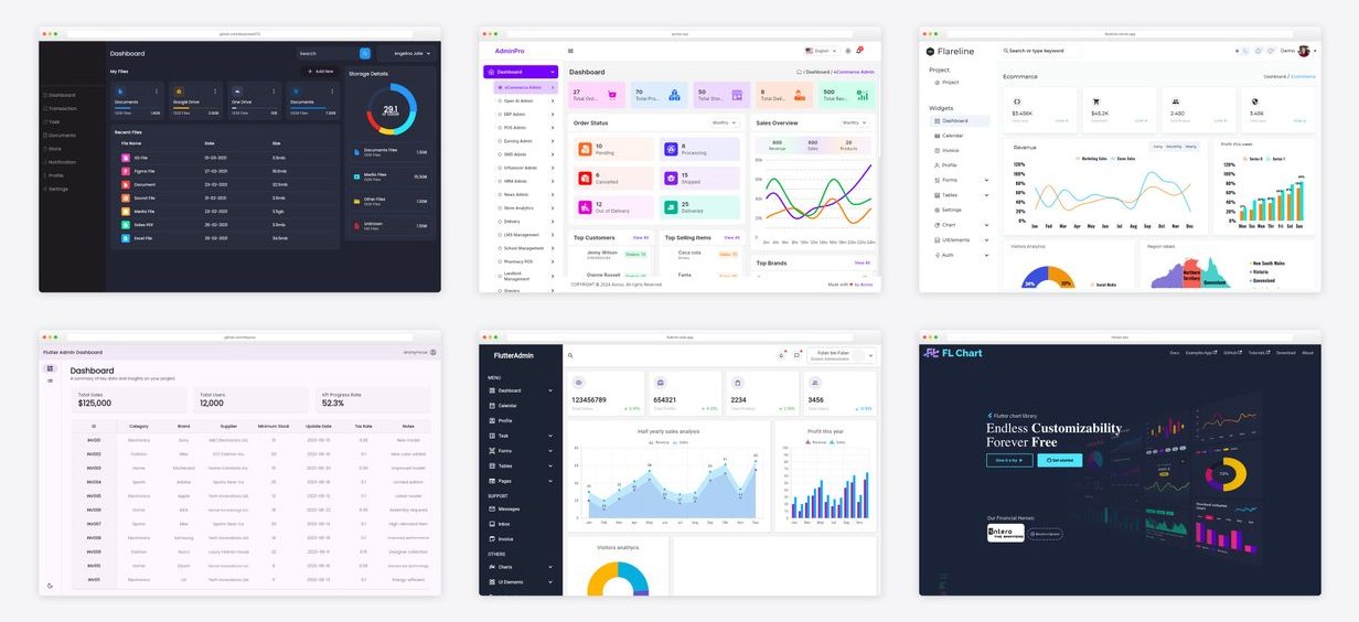 The best flutter admin dashboard templates — collage of six template screenshots