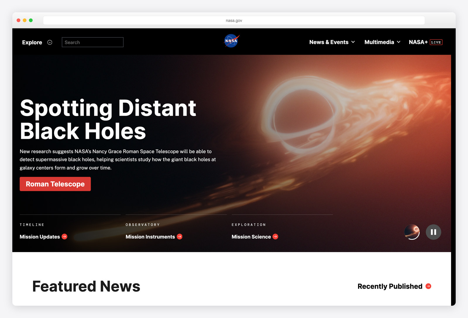 Screenshot of the NASA website, a real-world example of a site built with Django
