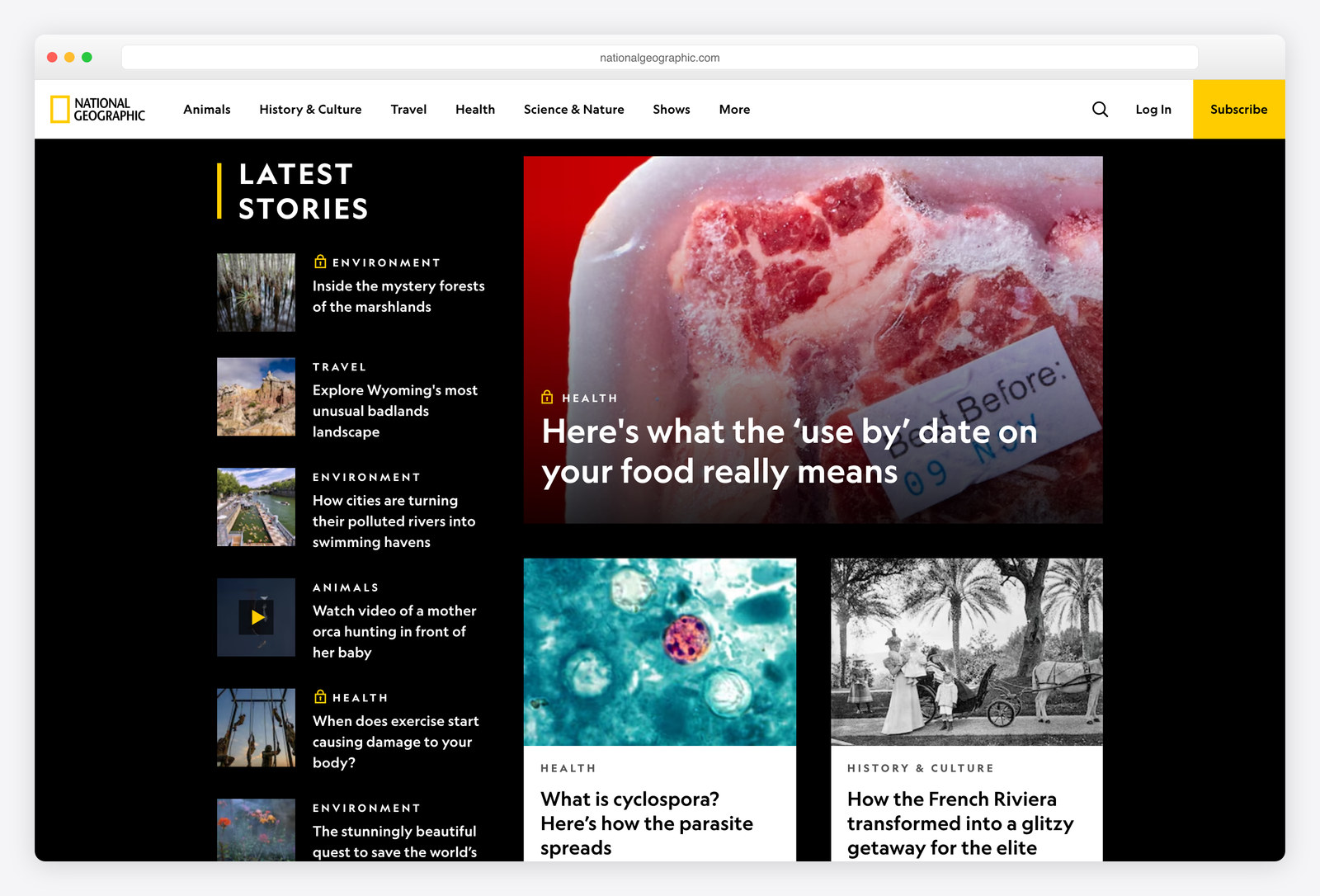 Screenshot of the National Geographic website, a real-world example of a site built with Django