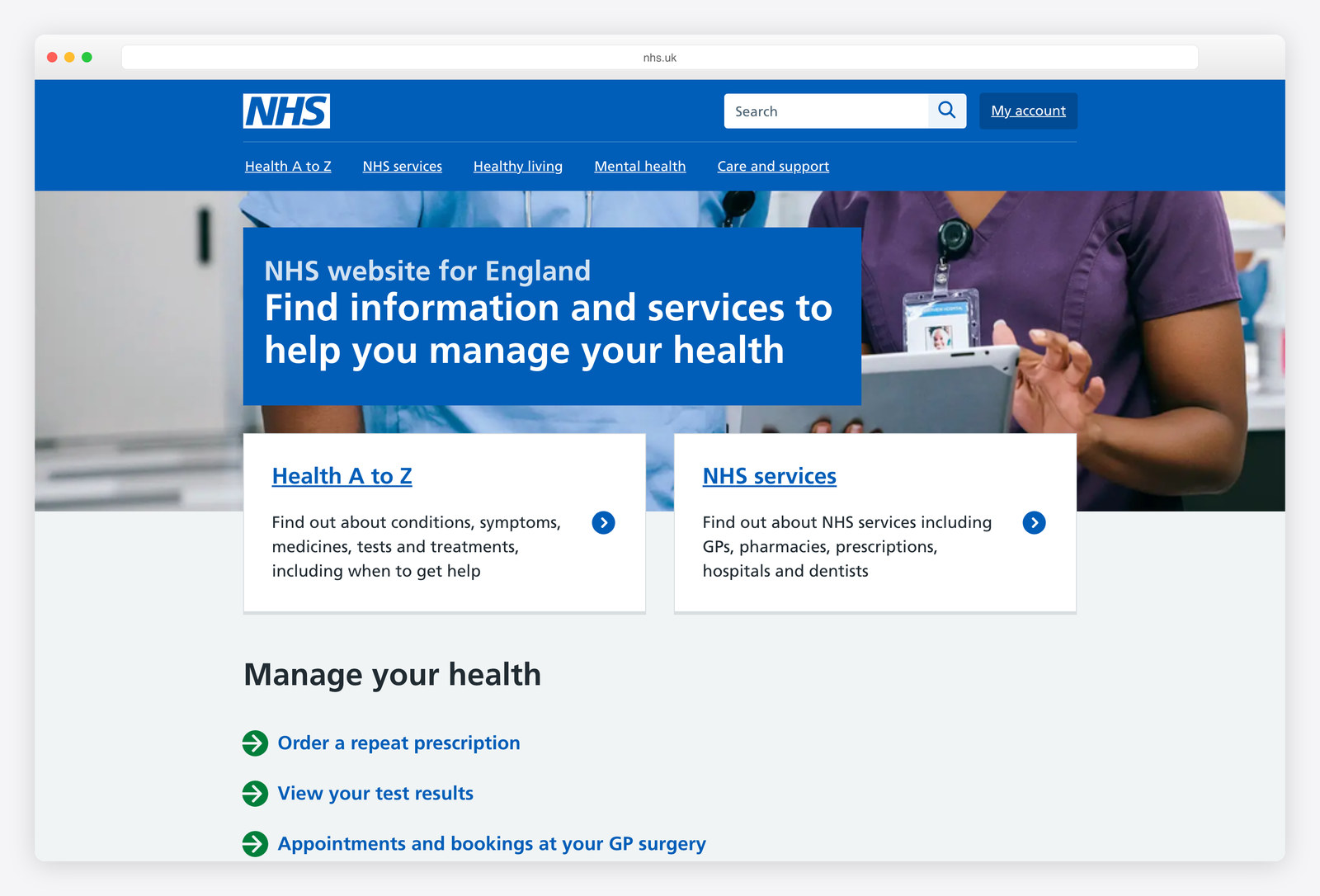 Screenshot of the NHS website, a real-world example of a site built with Django