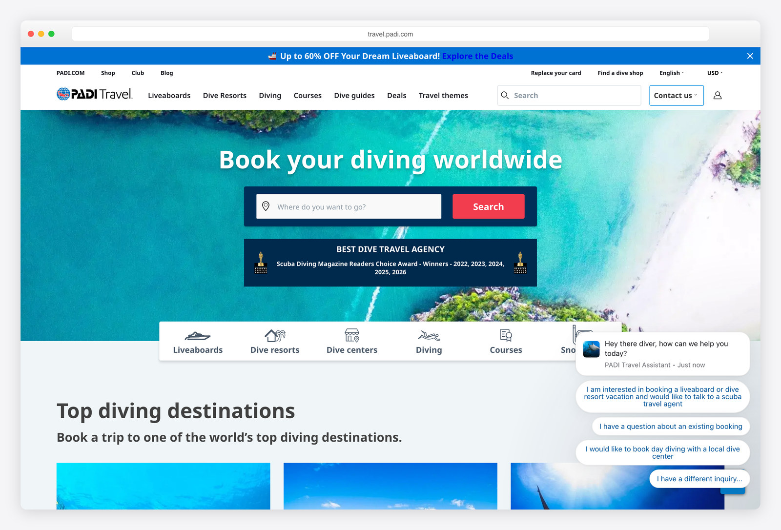Screenshot of the PADI Travel website, a real-world example of a site built with Django
