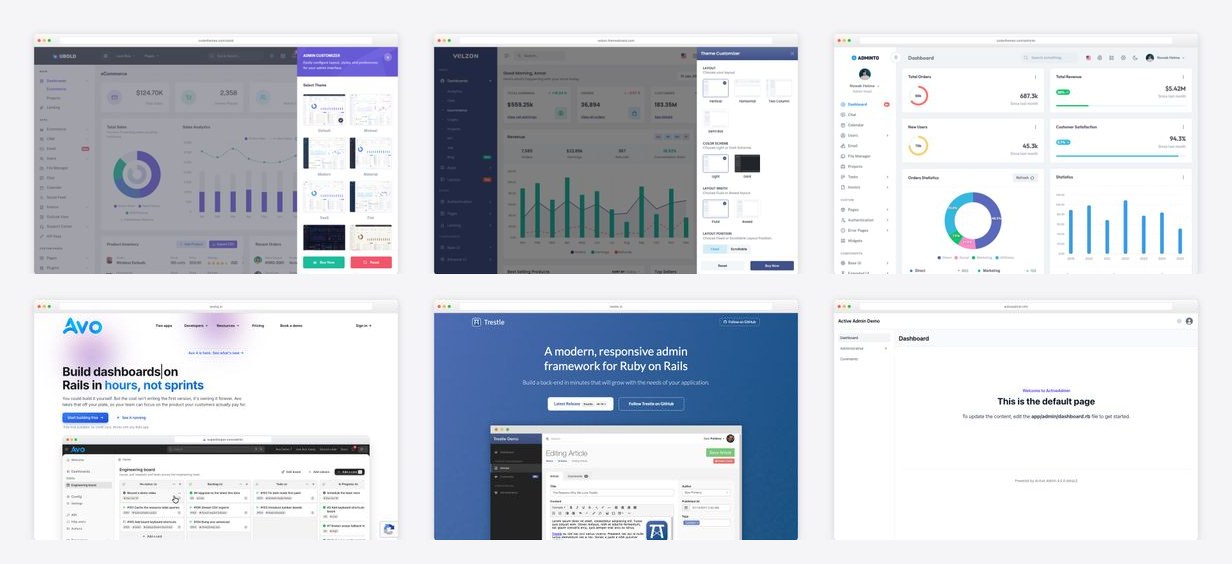 The best Ruby on Rails admin templates and panels — collage of template screenshots