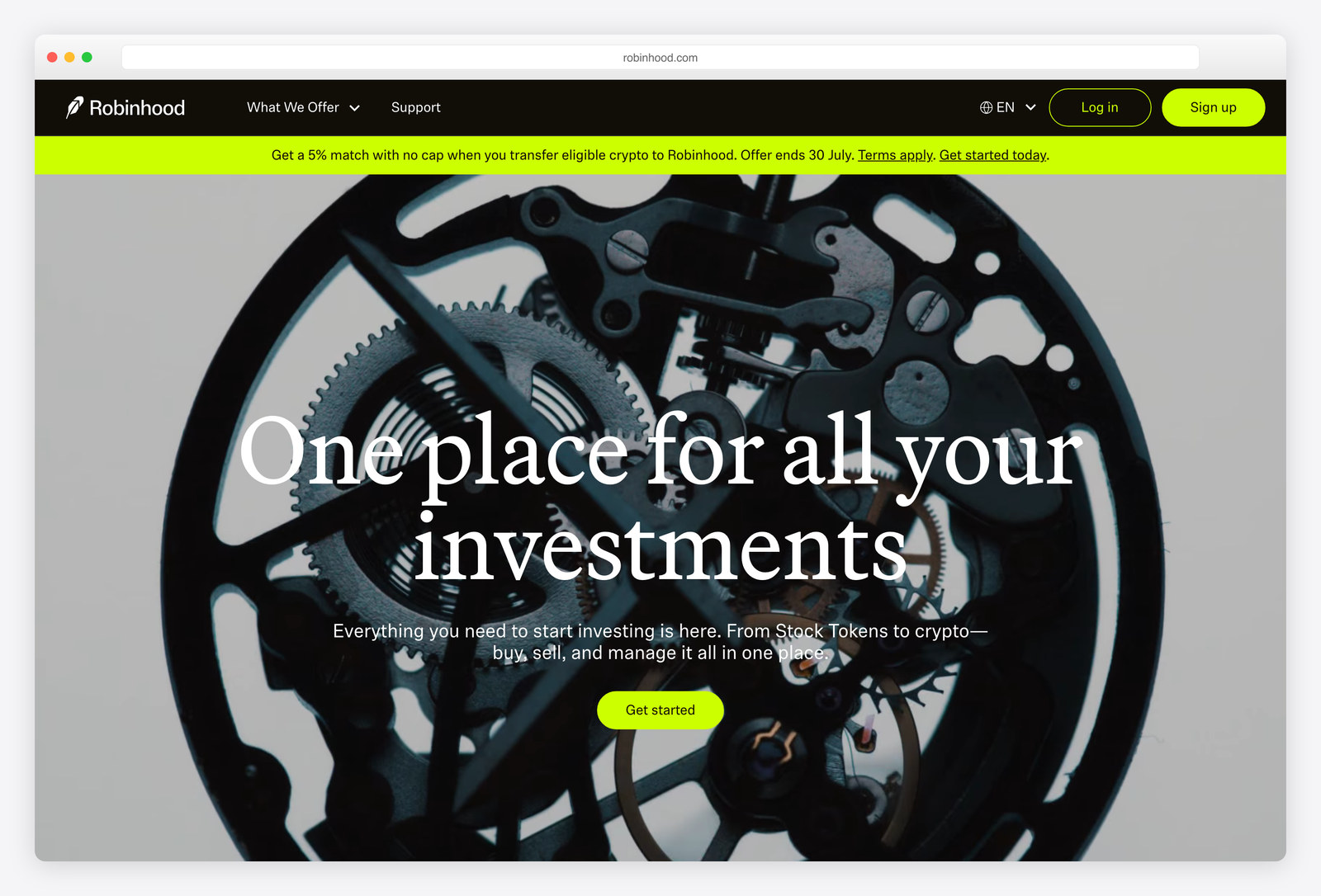Screenshot of the Robinhood website, a real-world example of a site built with Django