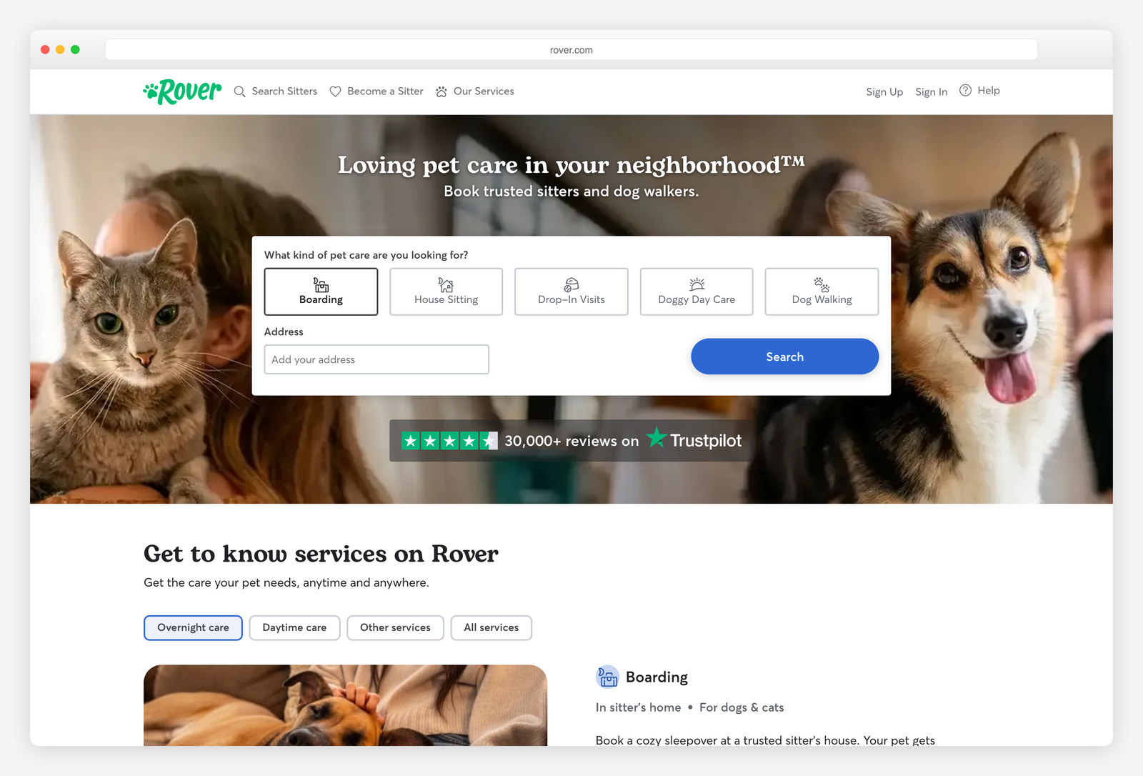 Screenshot of the Rover website, a real-world example of a site built with Django