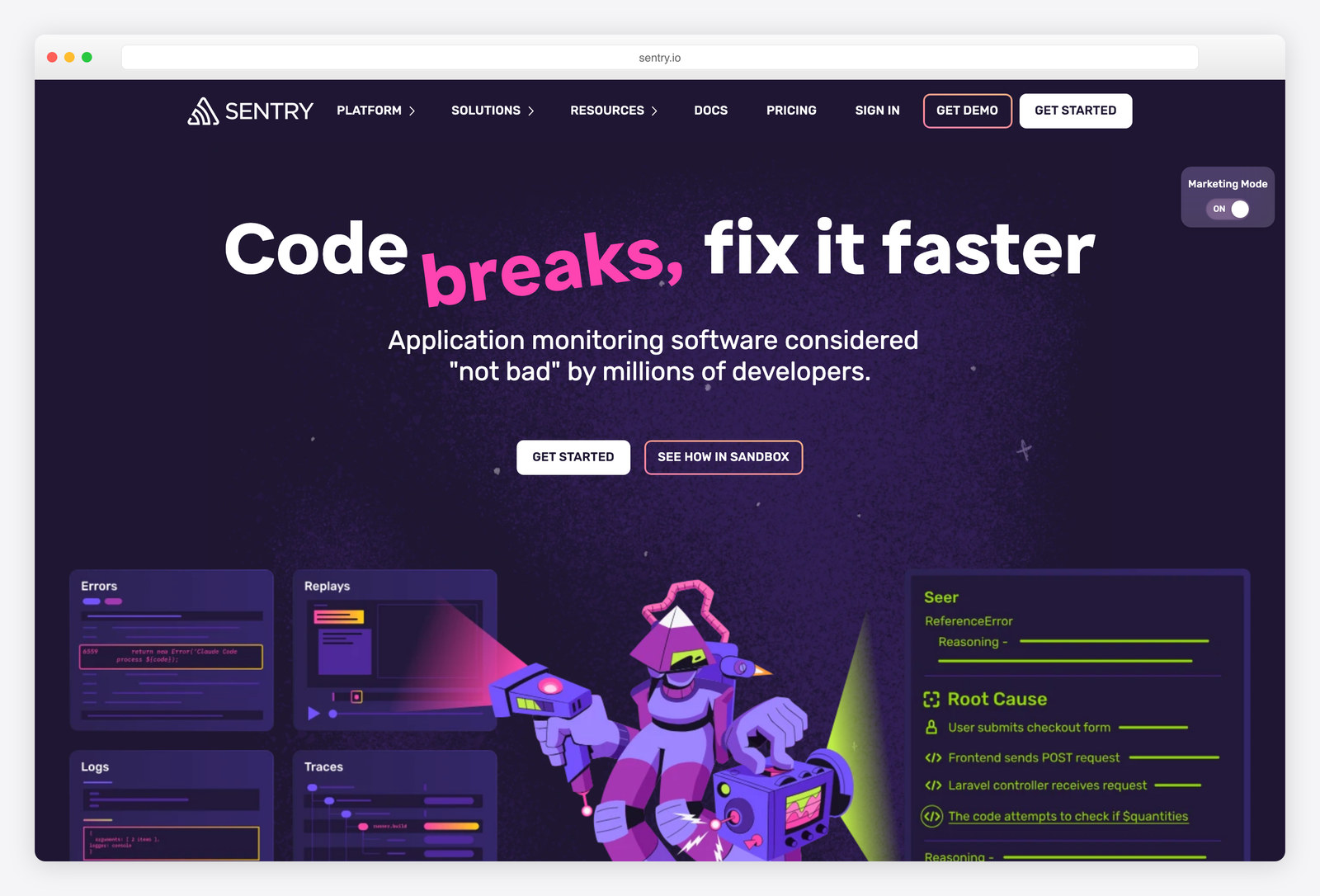 Screenshot of the Sentry website, a real-world example of a site built with Django