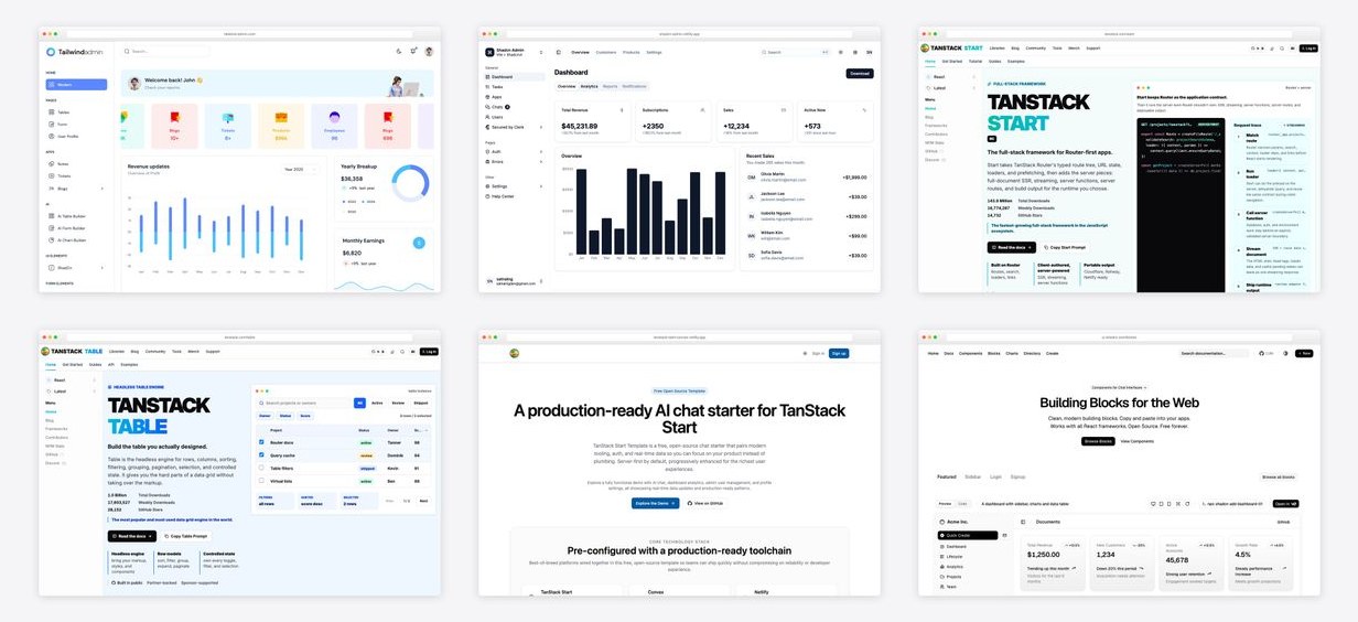 The best tanstack start admin dashboard templates — collage of six template screenshots