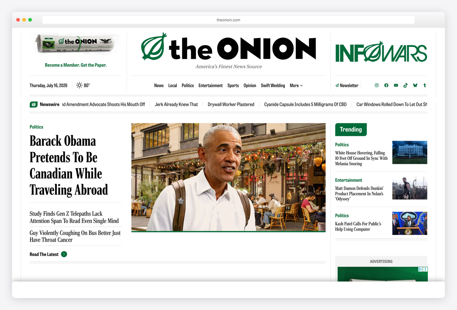 Screenshot of the The Onion website, a real-world example of a site built with Django