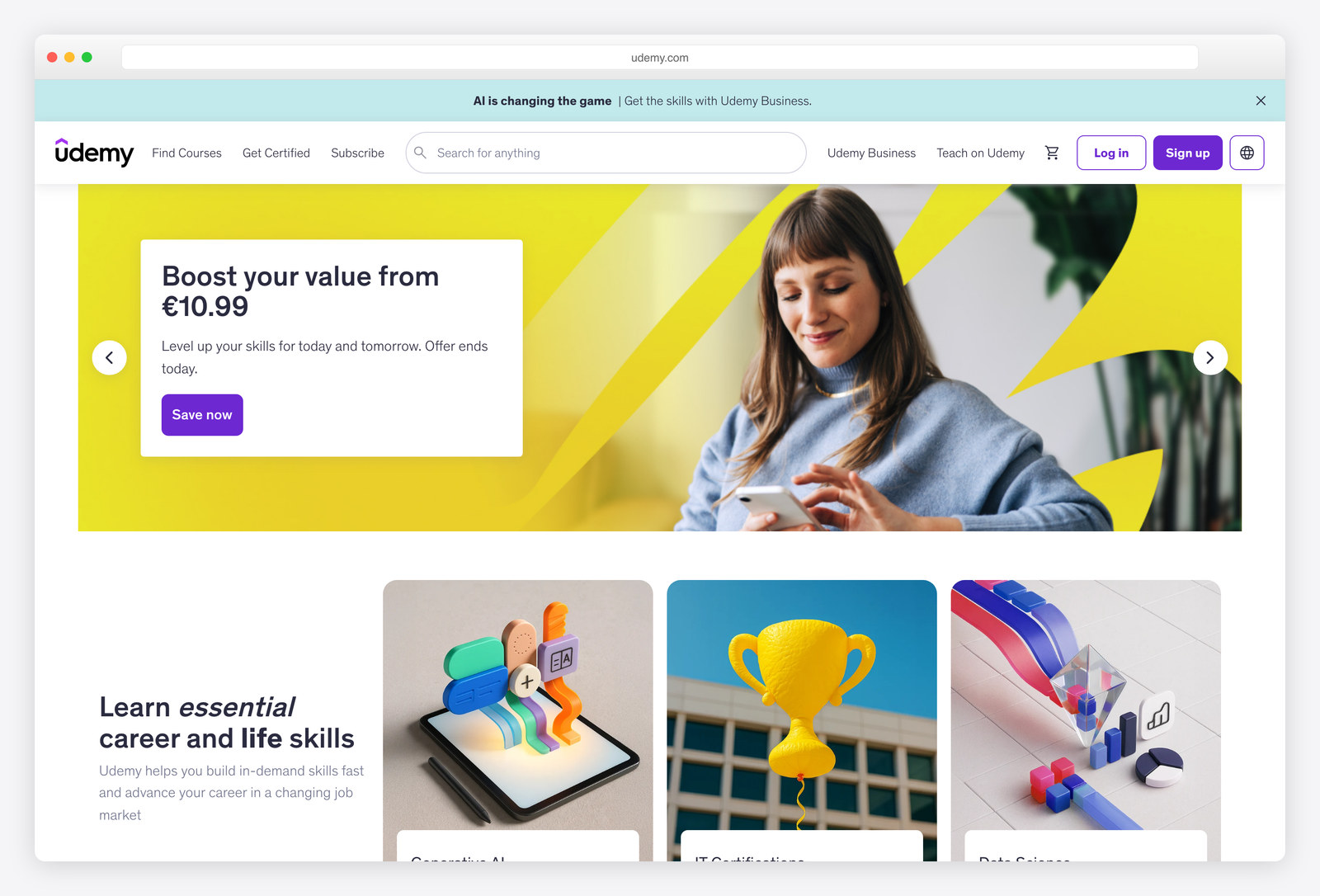 Screenshot of the Udemy website, a real-world example of a site built with Django