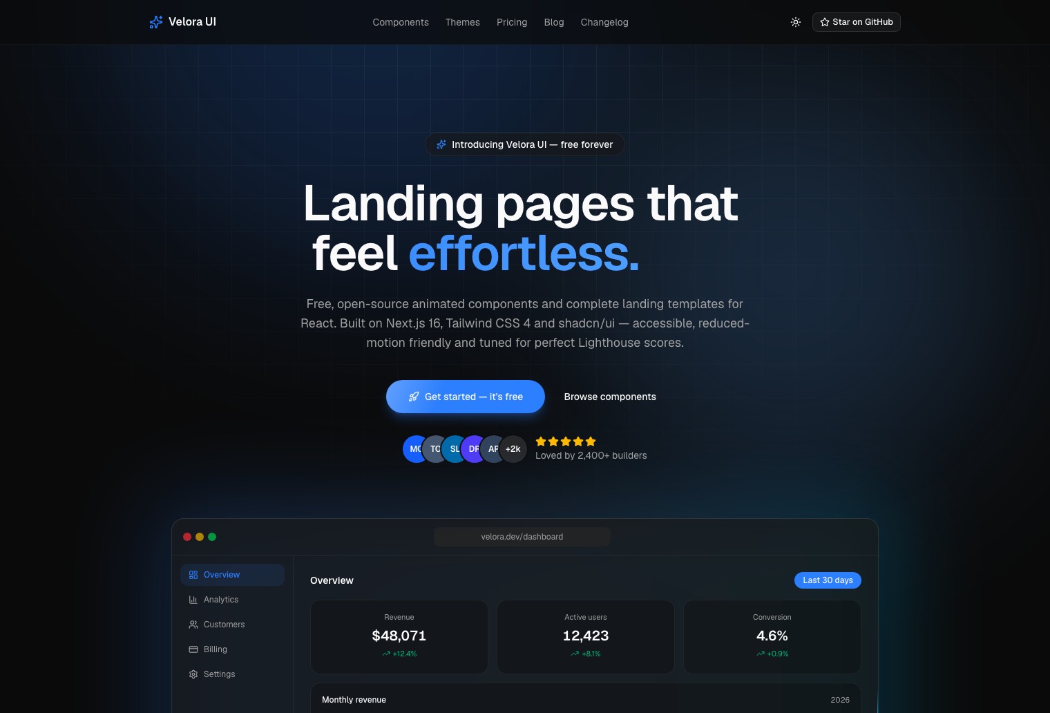 Velora UI — free open-source animated shadcn/ui landing page template with 32+ components