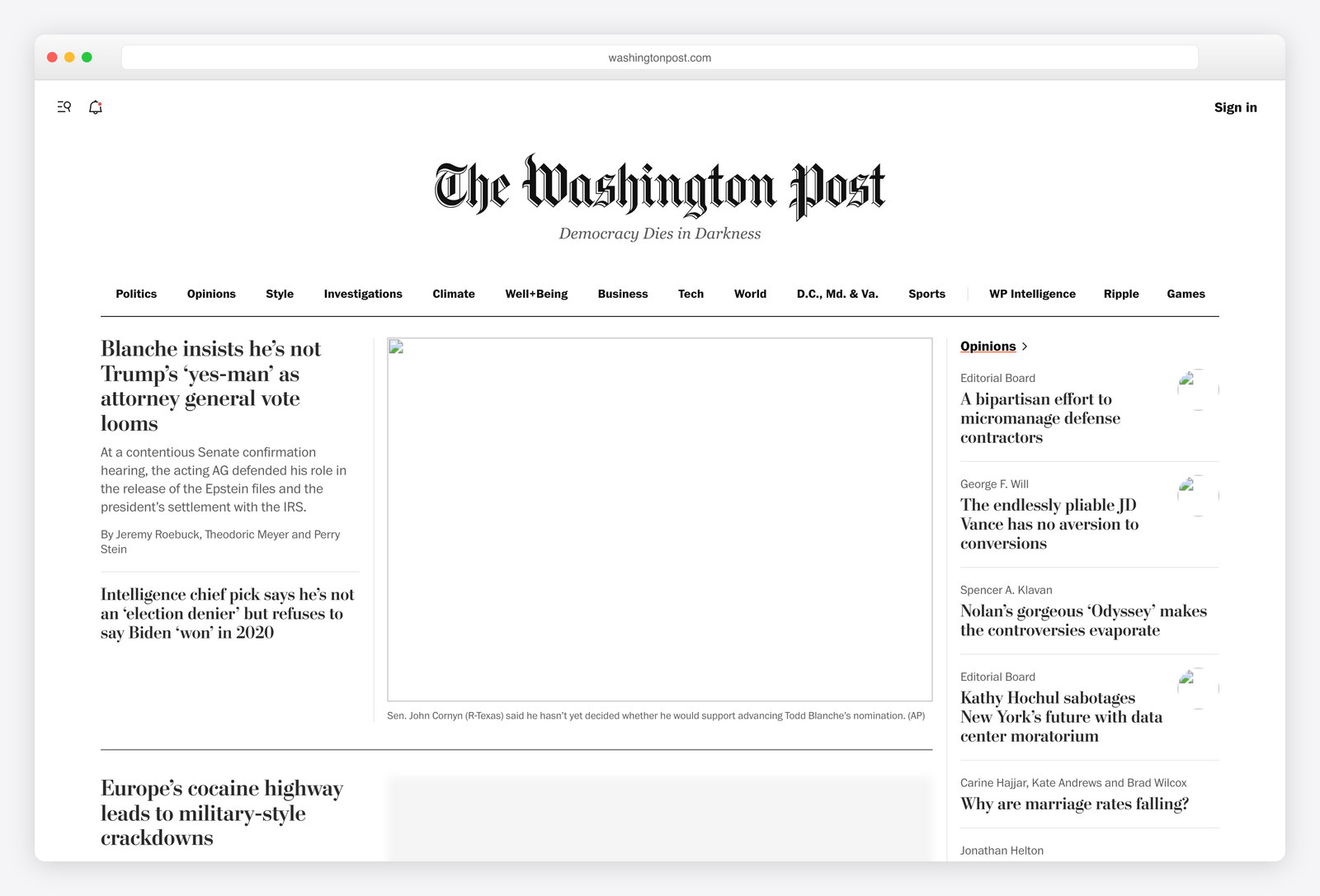Screenshot of the The Washington Post website, a real-world example of a site built with Django