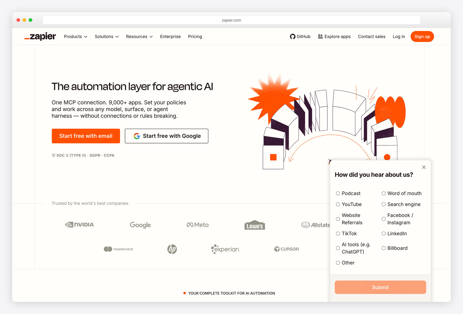Screenshot of the Zapier website, a real-world example of a site built with Django