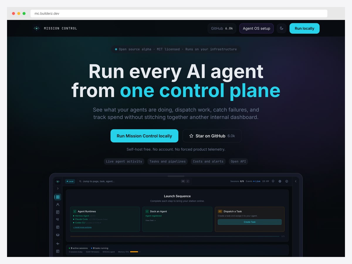 Open-source agent control plane showing agent runtimes, task dispatch, active sessions, token usage and monthly spend