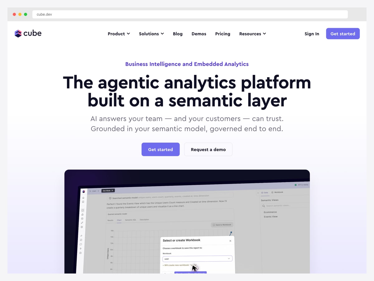 Cube semantic layer product page showing its workbook interface querying a semantic model and charting unique users