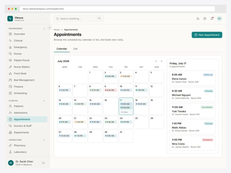 Hospital appointments calendar with a month grid and a day agenda panel showing appointment types and rooms