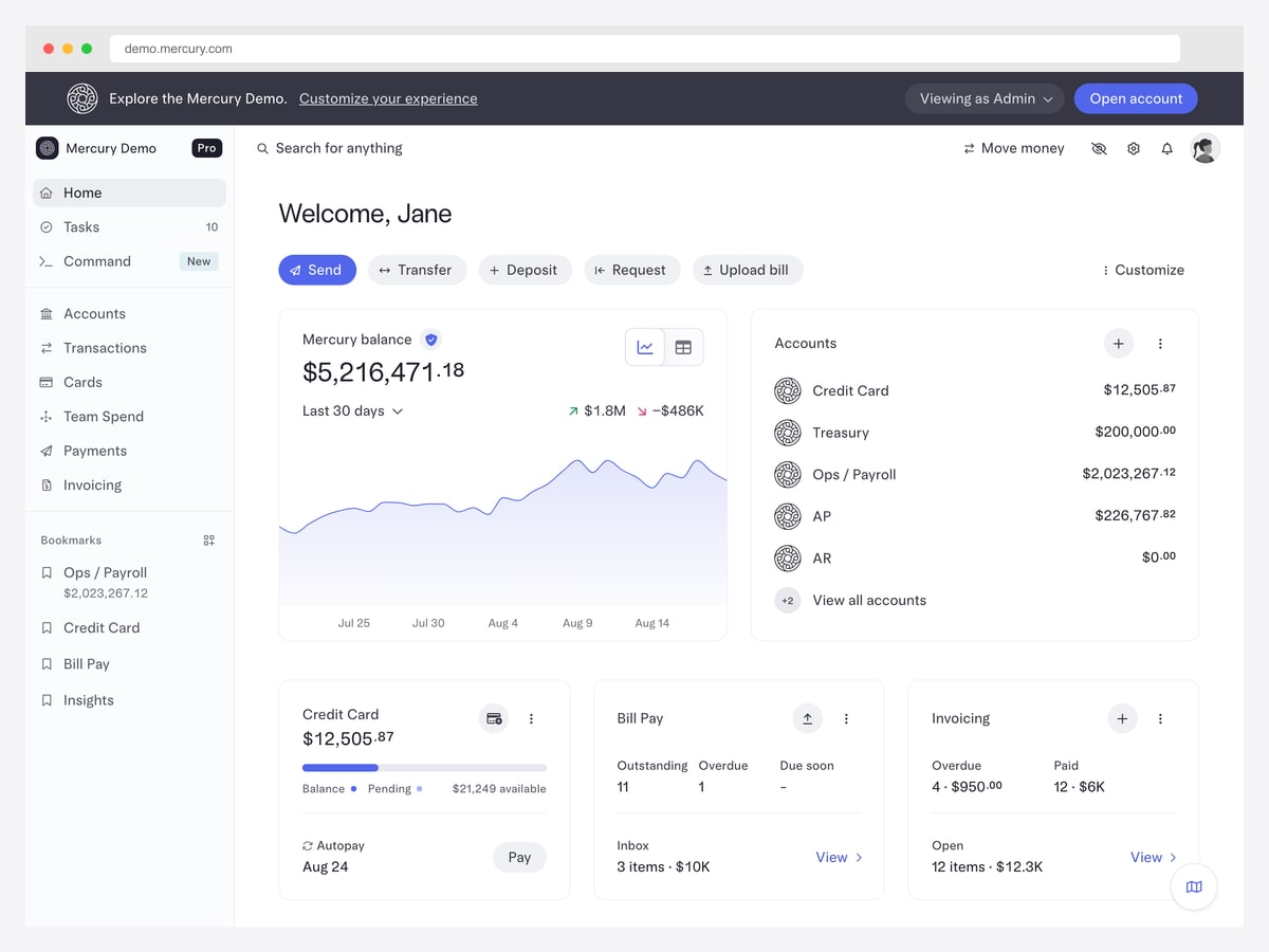 Mercury demo dashboard showing a balance area chart, an accounts list with credit card, treasury and payroll balances, and credit card, bill pay and invoicing summary cards