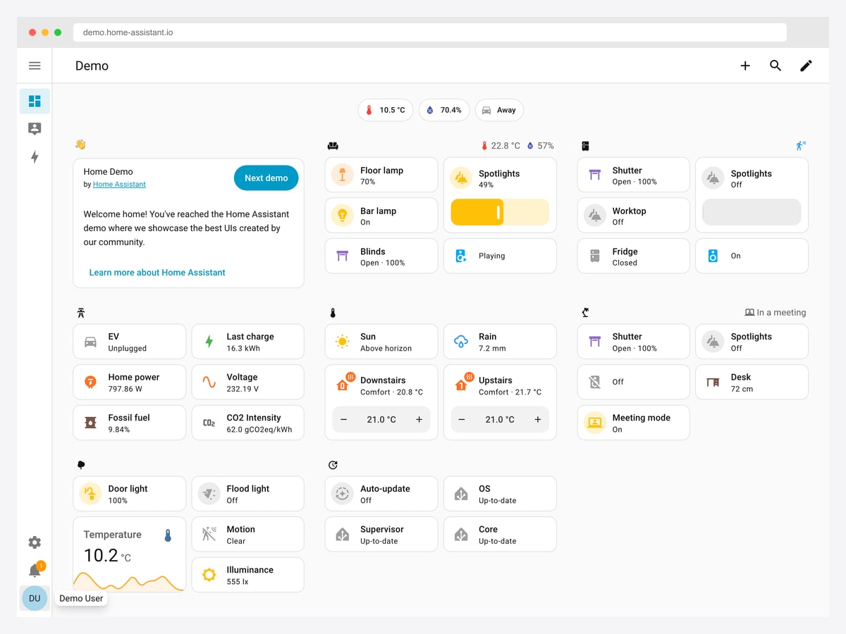 Home Assistant demo dashboard with a grid of entity cards for lights, shutters, climate setpoints, energy use and sensors, each showing live values