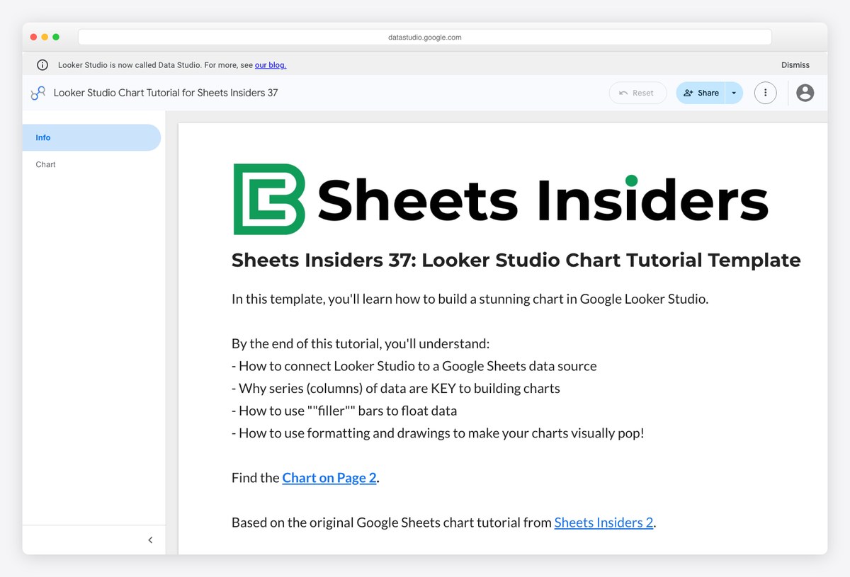 Ben Collins Data Studio chart tutorial report built entirely on a free Google Sheets data source