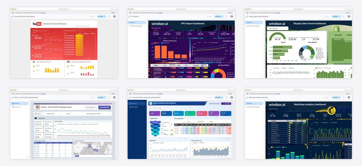The best data studio templates — collage of six template screenshots