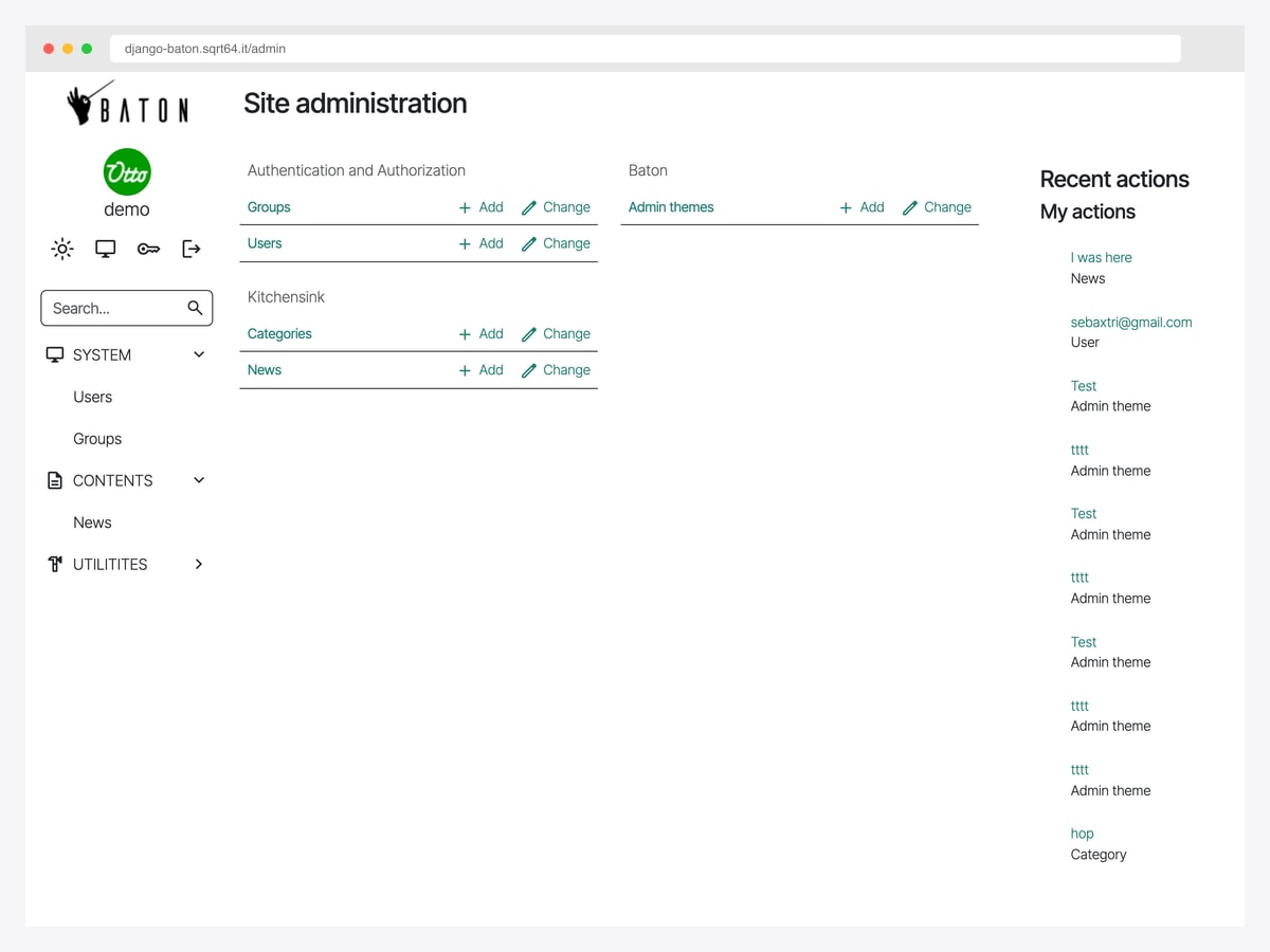 django-baton admin theme showing the Django site administration screen with a collapsible sidebar, search, app list and a recent actions panel