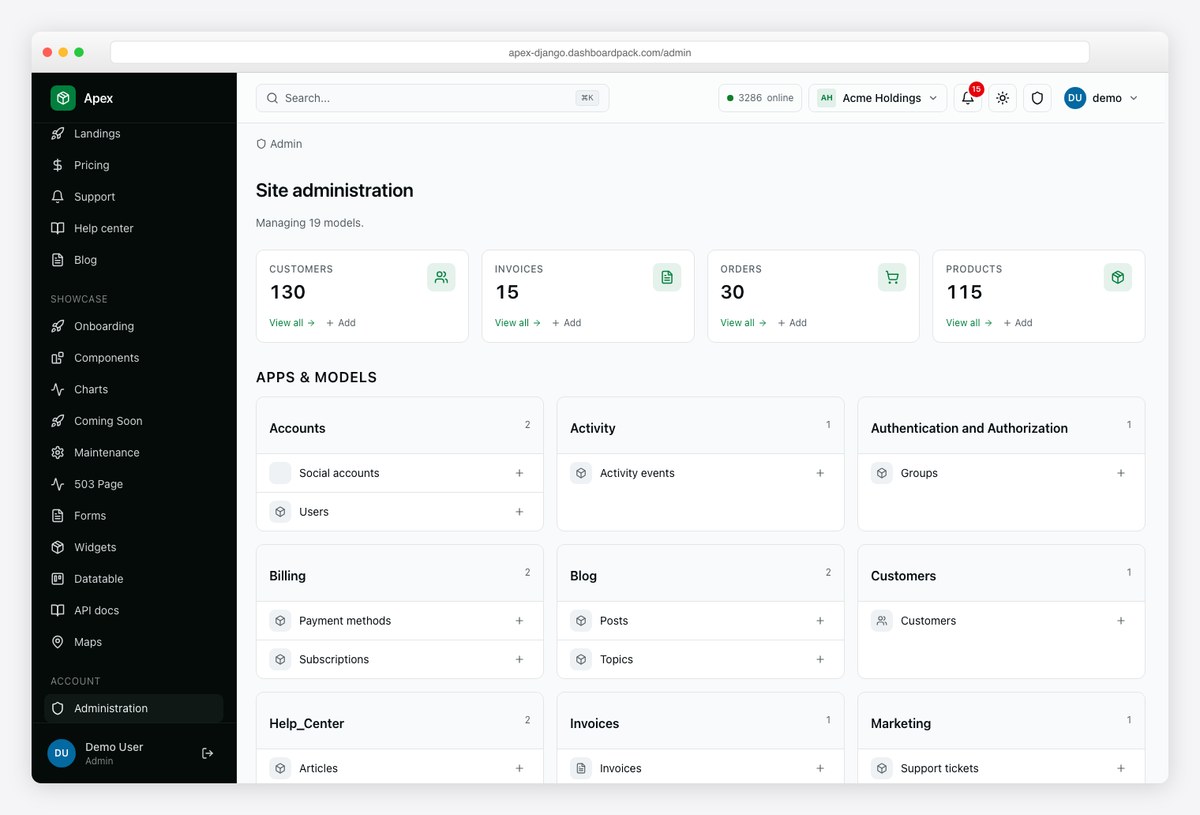 Django built-in admin reskinned by Apex Dashboard Django Edition, showing the Site administration page with KPI cards and the apps and models grid inside the Apex shell