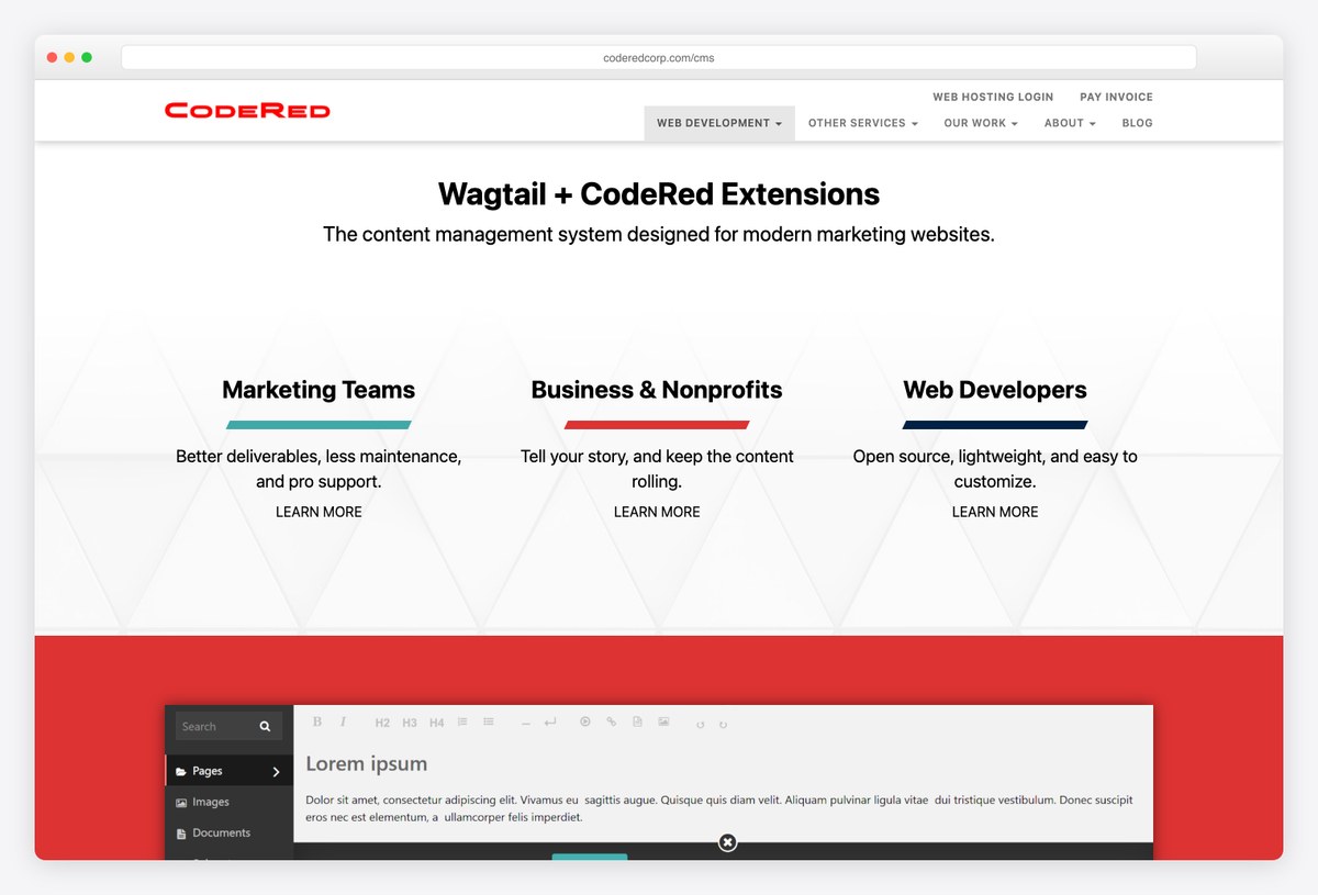 CodeRed CMS marketing-focused Wagtail and Django website builder with Bootstrap page templates