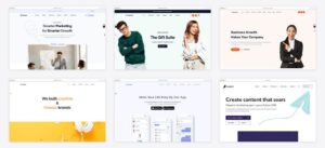 Django website templates collage showing corporate, ecommerce, SaaS landing, portfolio and app landing pages plus the Wagtail CMS