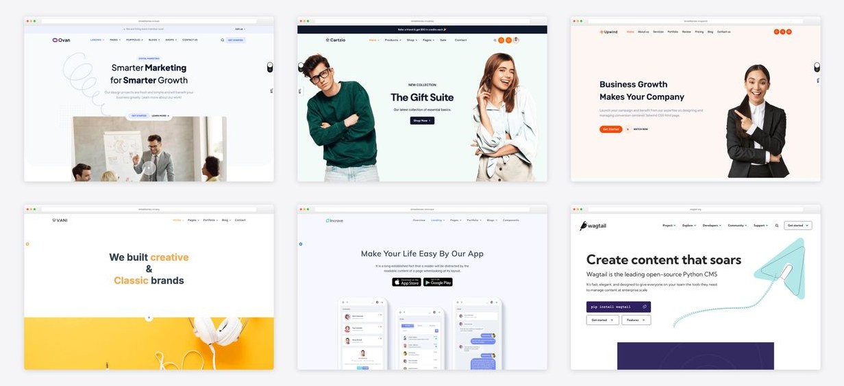 Django website templates collage showing corporate, ecommerce, SaaS landing, portfolio and app landing pages plus the Wagtail CMS