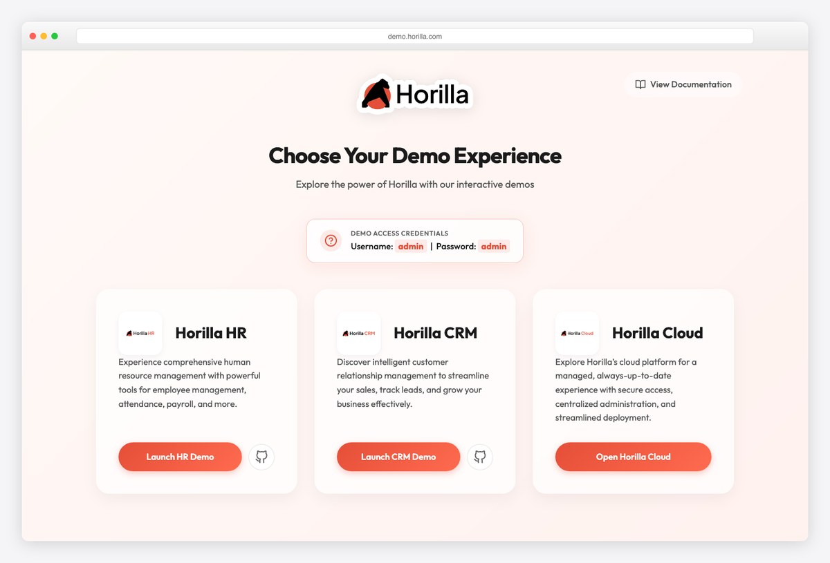 Horilla free open-source Django HR software demo landing screen