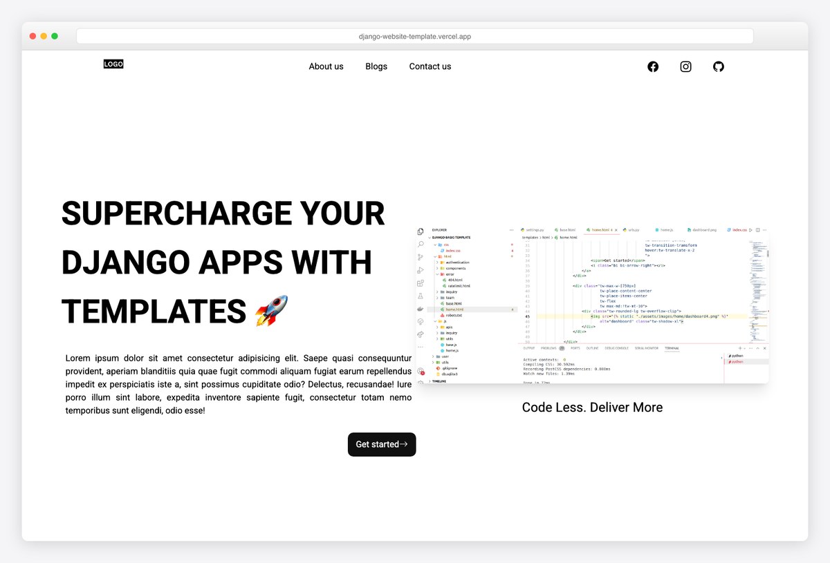 Free MIT-licensed Django website template with Tailwind CSS digital product landing page, blog and contact pages