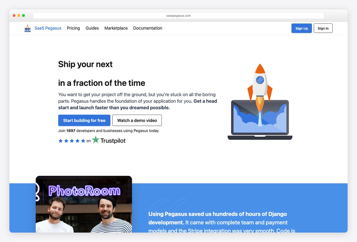 SaaS Pegasus Django SaaS boilerplate homepage with Tailwind CSS and DaisyUI themed interface