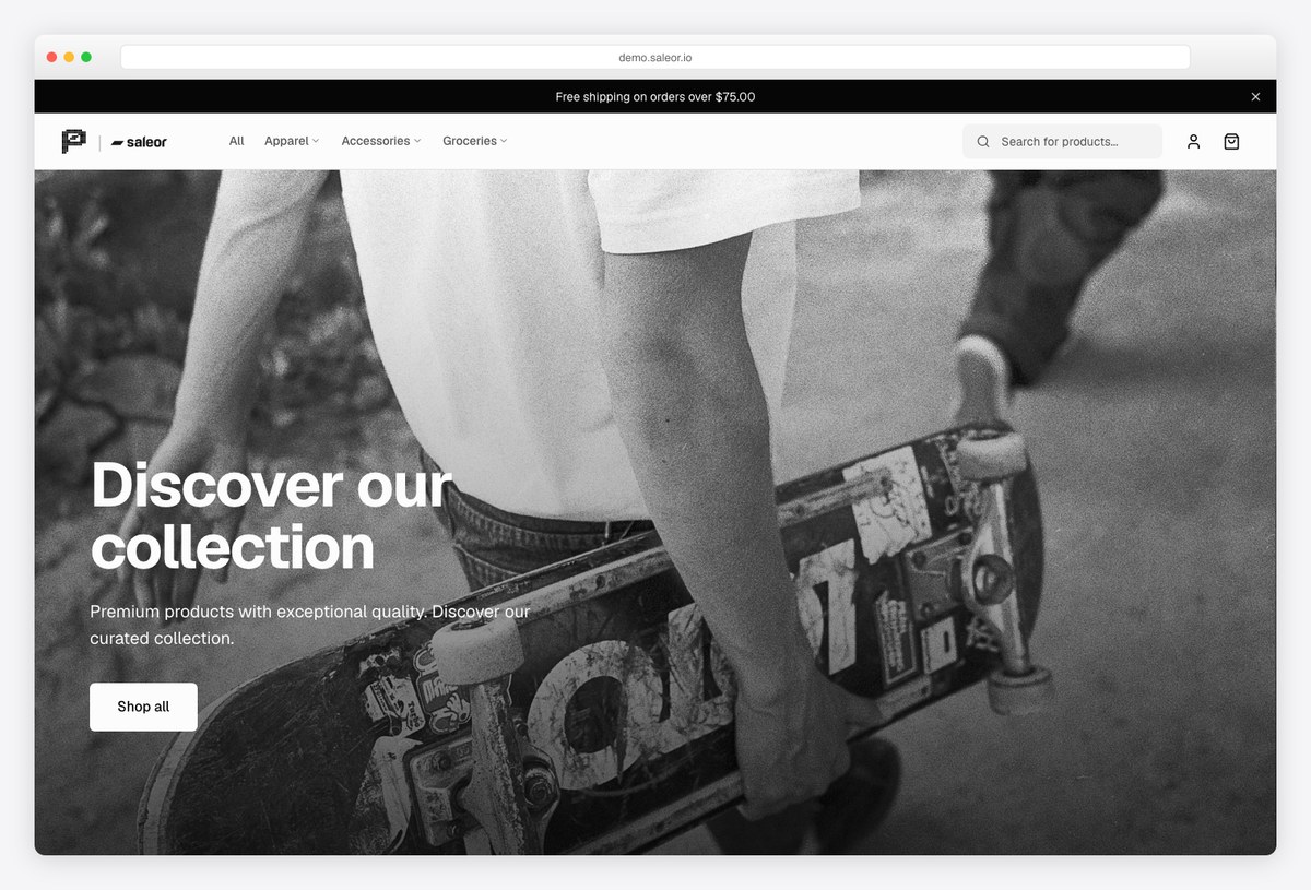 Saleor open-source headless commerce storefront demo with product listing grid