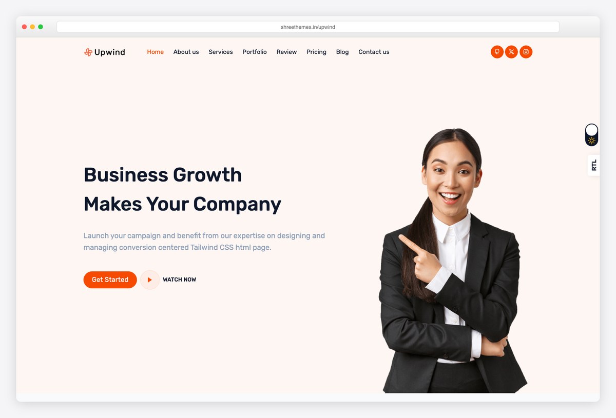 Upwind Django SaaS landing page template built with Tailwind CSS showing hero and feature sections
