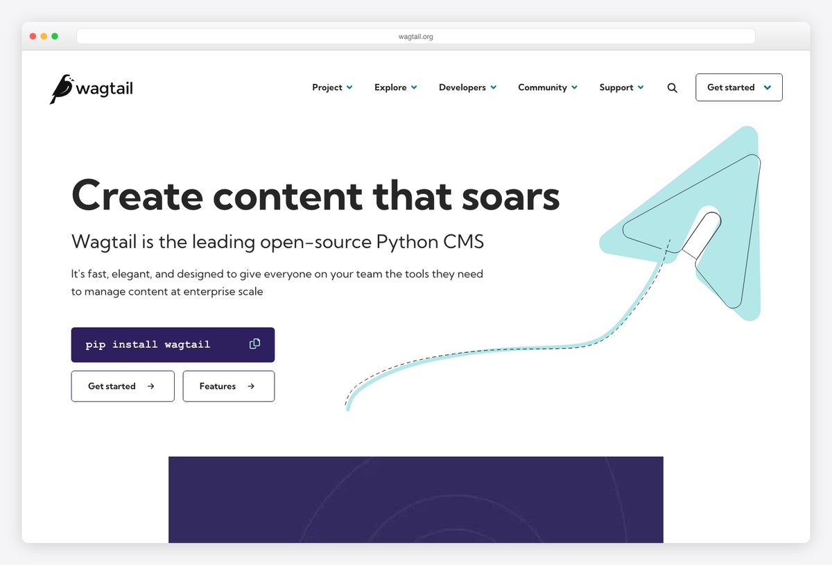 Wagtail open-source Django content management system homepage