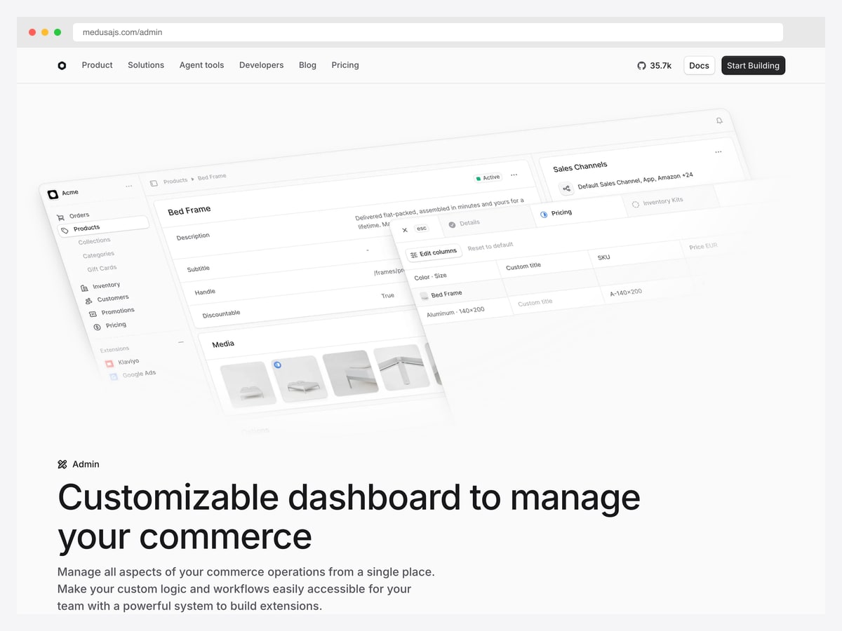 Medusa admin product detail screen with sales channels, pricing, inventory and an editable product variant table
