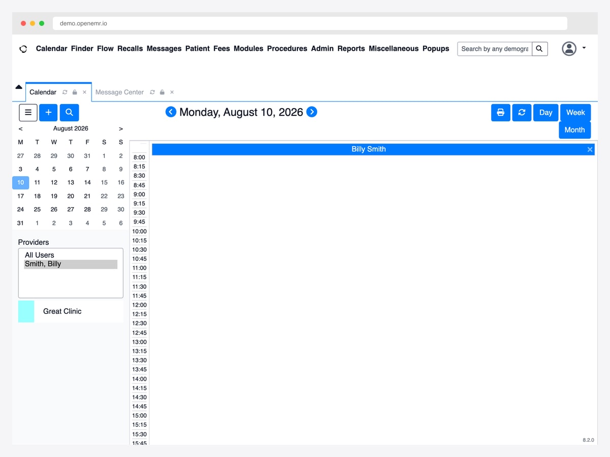 OpenEMR clinical scheduling view with provider list, day calendar grid and dense clinical navigation bar