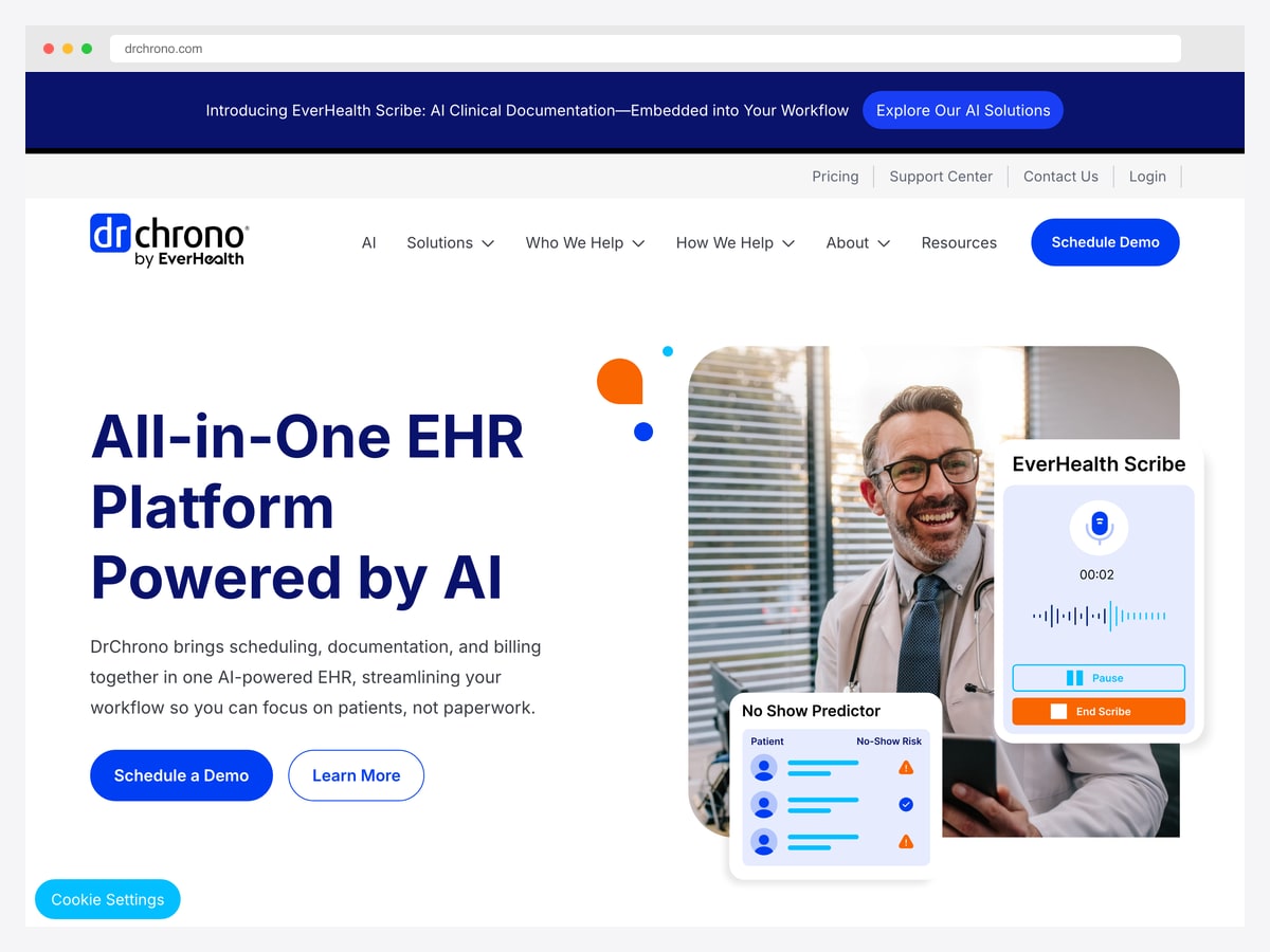 DrChrono EHR product page showing an AI clinical scribe recorder and a patient no-show risk predictor panel