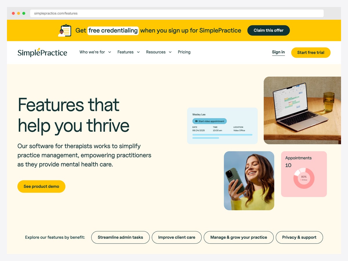 SimplePractice features page showing an appointment detail card and an appointments summary with no-show percentage