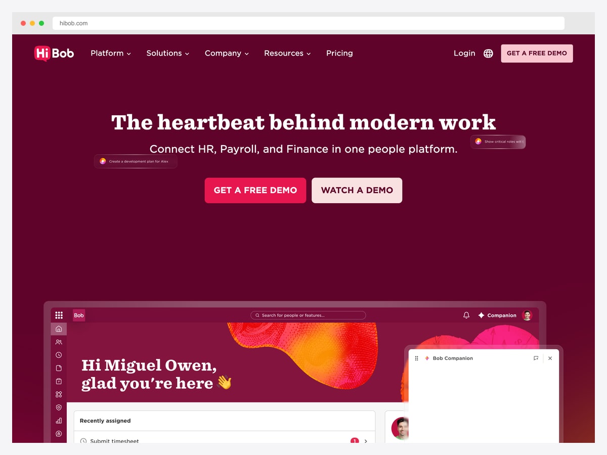 HiBob HR platform landing page showing a personalised employee home screen with assigned tasks and an AI companion panel